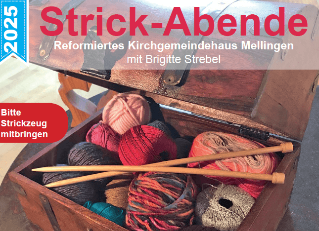 Strickwerkzeug und Wolle und darüber der Titel Strick-Abende